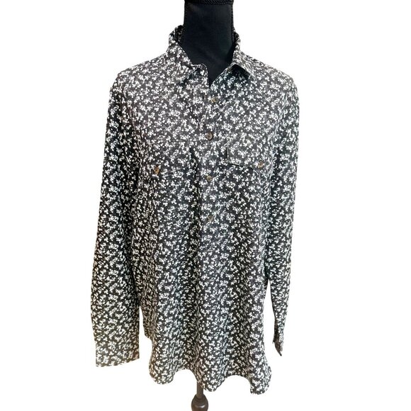 Lands End Womens Floral Button-Up Shirt XL/T Black White Tunic Top Peasant Casua - Picture 2 of 10